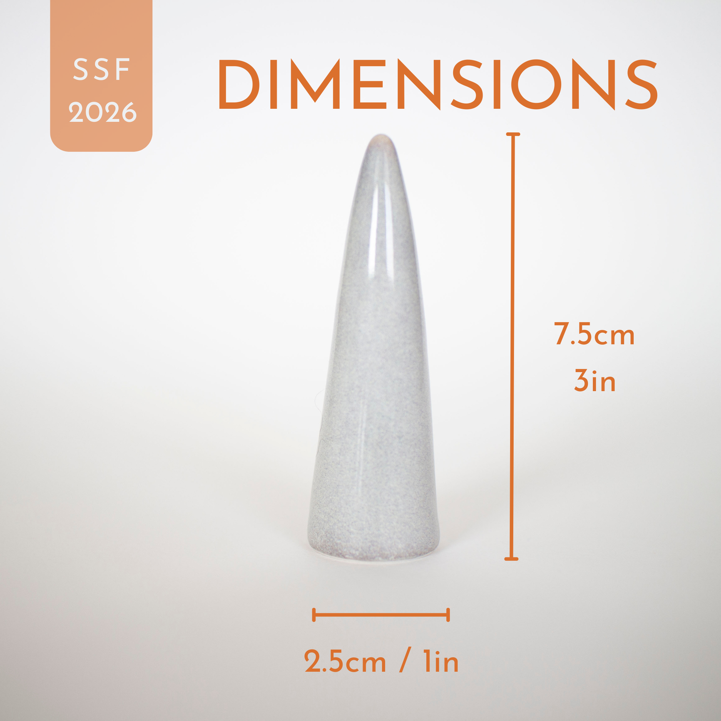 Gray cone-shaped ceramic ring holder on a white background with dimensions displayed in inches and centimetres 
